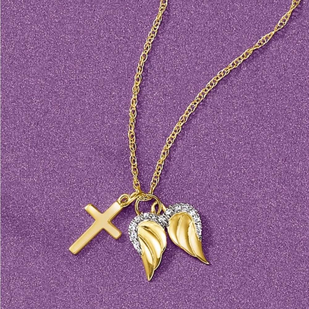 14kt Yellow Gold Cross and Angel Wings Pendant Necklace with Diamonds